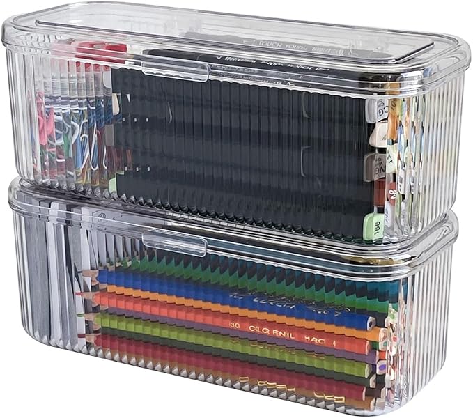 2 Pack Plastic Pencil Case with Lid, Clear Office Supplies Storage Container for Desk Drawer, Marker Pen, Crayons, School Stationery, Art and Crafts Organizer