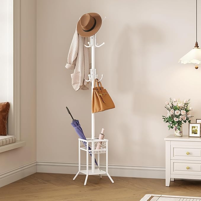 ELYKEN Coat Rack Freestanding with Umbrella Holder, Coat Tree with 12 Hooks, Coat Hanger Stand for Entryway, Metal Coat Rack Hat Rack Stand for Living Room Bedroom Office, White-NeatNest