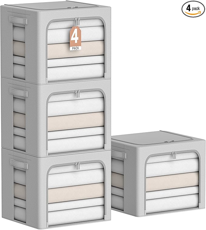 4 Pack Clothes Storage Bins - Oxford Fabric Metal Frame Storage Box - Foldable Stackable Container Organizer Set with Clear Window & Carry Handles & Zippers (Grey, 15.7"x11.8"x11.8")-NeatNest
