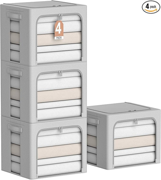 4 Pack Clothes Storage Bins - Oxford Fabric Metal Frame Storage Box - Foldable Stackable Container Organizer Set with Clear Window & Carry Handles & Zippers (Grey, 15.7"x11.8"x11.8")-NeatNest