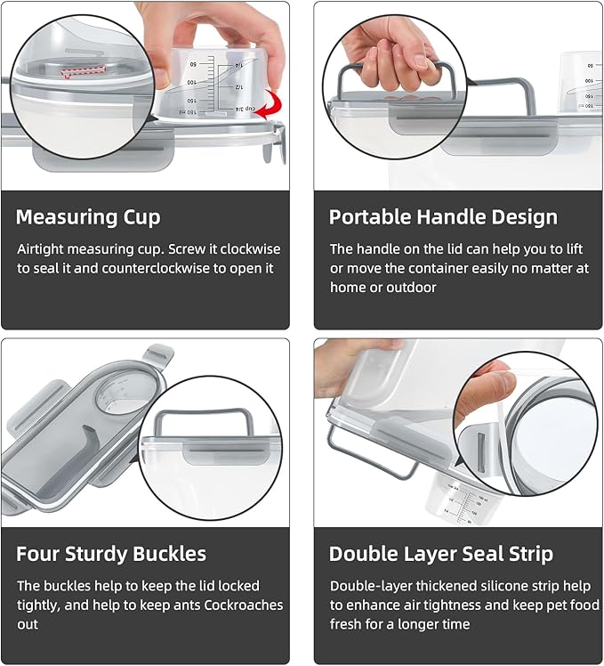 Cat Dog Food Storage Container, Upgraded Large Nozzle BPA-free, 3&5lbs Plastic Pet Food Storage Containers, With 4 Sealed Clasps, 1 Measuring Cup and Handle, Easy to Clean and Carry -Clear Grey 2Pack-NeatNest