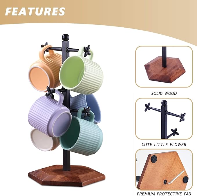 Coffee Mug Holder, Mug Tree for Counter, Cup Holder with 6 Floral Hooks, Wooden Mug Rack, Mug Stand for Counter, Coffee Bar Station Organizer, Black-NeatNest
