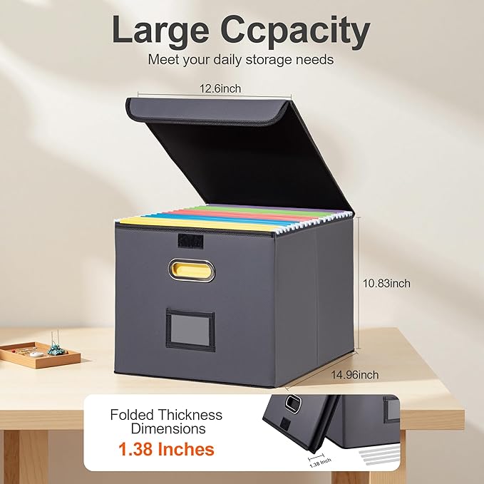 File Organizer Box, Linen Filing Organizer with Lid, Large Desktop File Boxes,Dark Grey,2 Pack