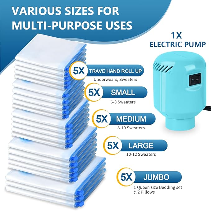 Large Vacuum Storage Bags with Electric Pump 25Pack(5 Jumbo/5 Large/5 Medium/5 Small/5 Roll) Vacuum Seal Bags For Clothing Travel Packing,Blanket,Duvets,Pillows,Comforters-NeatNest