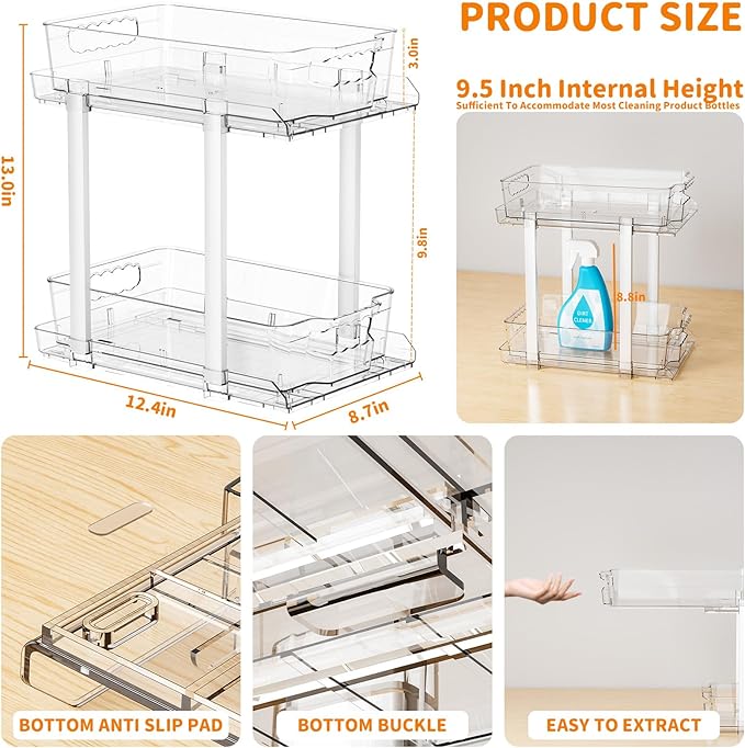 Yieach 2 Pack 2 Tier Bathroom Under Sink Organizer With Track,12.8 Inch Tall Under Cabinet Organizer,Clear Undersink Pull Out organizer for Kitchen,Vanity,Counter,Vanity,Medicine,Makeup,Hair Products-NeatNest