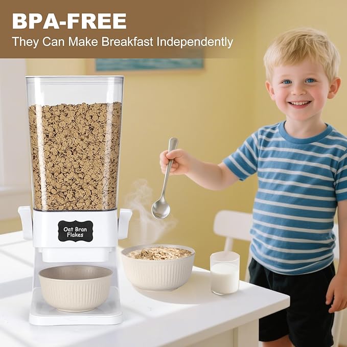 Cereal Dispenser Countertop with Cereal Bowls,16 Labels & Pen, Cereal Containers Storage, Candy Dispenser, Dry Food Dispenser For Pantry - Not Easy to Crush Food (White, 2 Pack)-NeatNest