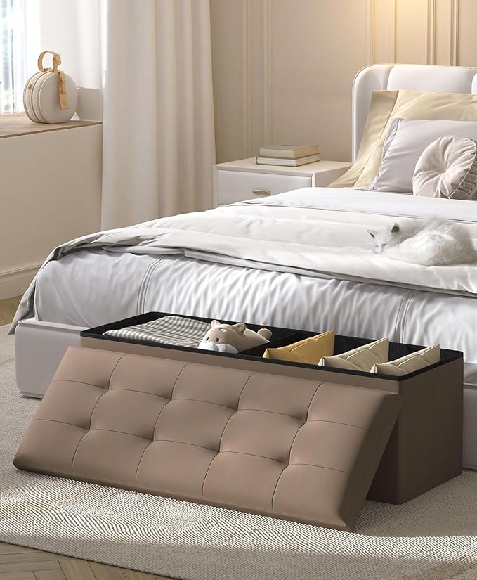 Folding Storage Ottoman Bench, Multi-Functional Ottoman Footrest, End of Bed Bench, Storage Chest for Living Room, Bedroom, Hallway, Entryway, Holds Up to 700 lbs (Brown, 43 Inches)