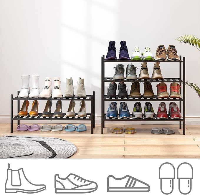 4-Tier Black Bamboo Shoe Rack for Entryway, Stackable | Foldable | Natural, Shoe Organizer for Hallway Closet, Free Standing Shoe Racks for Indoor Outdoor-NeatNest