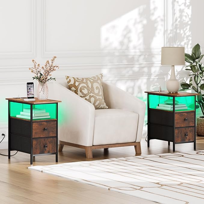 HOOBRO Narrow Side Table with LED Light and USB C Port, Night Stand with Charging Station, Skinny End Table with 2 Fabric Drawers, for Bedroom, Living Room, Rustic Brown and Black BF486UDBZ01