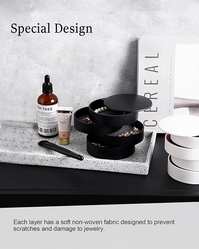 CONBOLA Jewelry Organizer, Small Jewelry Storage Box Earring Holder for Women, 5-Layer Rotating Travel Jewelry Tray Case with Lid for Bracelets Rings Bracelets, Gift for Women Teen Girls(White)-NeatNest