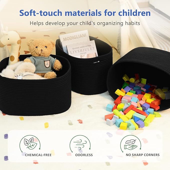 Cotton Rope Storage Basket, 15x10x9 Inches, Woven Basket for Shelves, Clothes, Toys, Towels, Books, and Laundry, Durable and Stylish, Black (3 Pack)-NeatNest