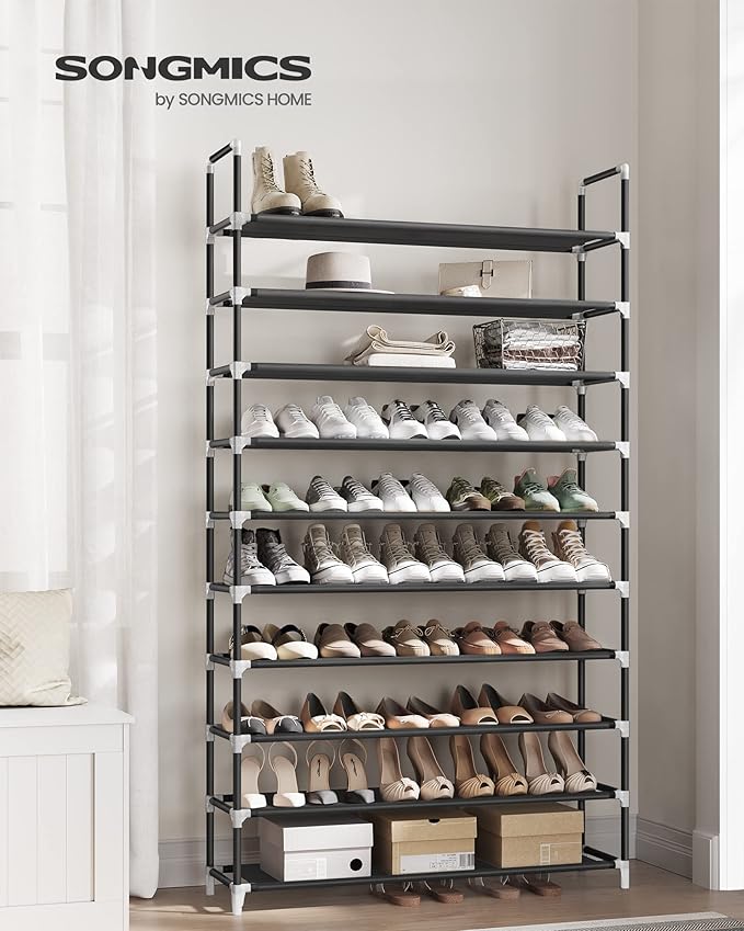 SONGMICS 10-Tier Shoe Rack, Shoe Storage for Hallway Closet, Slim and Space-Saving, Metal Frame, Non-Woven Fabric Shelves, Black ULSH11H-NeatNest