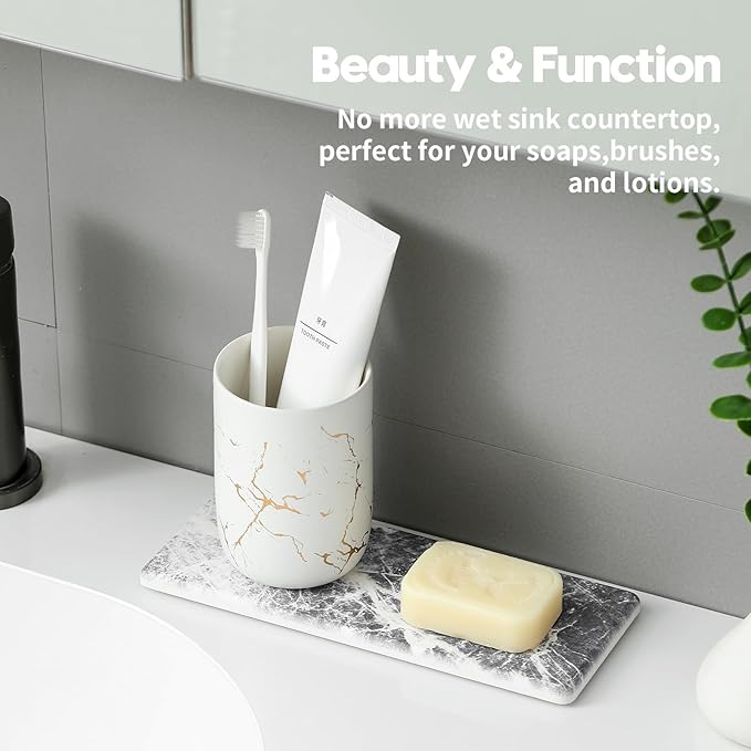 2PCS Bathroom Sink Vanity Trays, Water Absorbing Diatomite Stone Quick Drying Mat for Kitchen Counter, Dish Rack Dispenser Sponge Holder Caddy Organizer, Marble Crack, 9"x3.5"-NeatNest