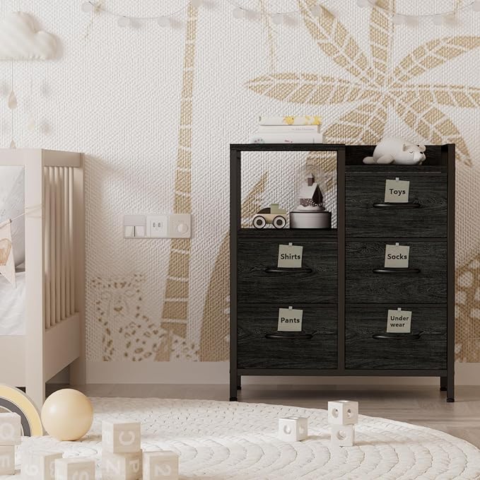 Furnulem 5 Drawer Black Dressers for Bedroom 2 Tier Shelf Storage Small Fabric Dresser for Closet Sturdy Metal Frame Modern Style Storage Cabinets Organization Units for Hallway Rooms-NeatNest