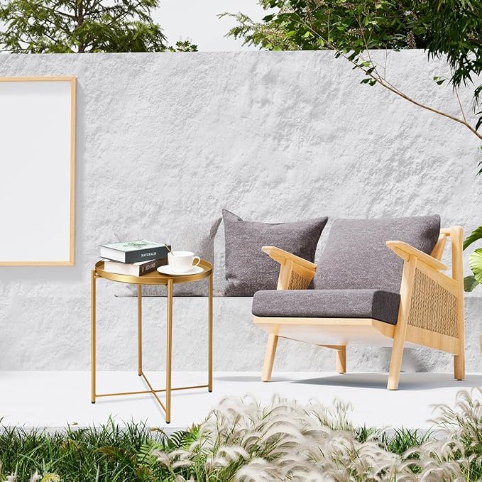 danpinera Gold Side Table 2 Pack, End Table for Small Spaces Outdoor Accent Table Round Metal Patio Coffee Table Waterproof Removable Tray for Living Room Bedroom Balcony Office-NeatNest