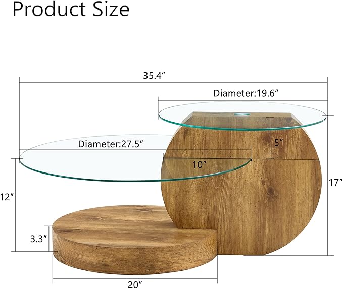 Glass Coffee Tables for Living Room Round Coffee Tables Modern Double Layer Round Table Circle Coffee Table for Small Space Home Office (35.4 Inch Dark Wood)