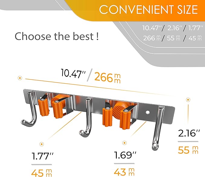 Heavy Duty Broom and Mop Holder Wall Mounted with 2 Rubber Grip Slots & 3 Utility Hooks – SUS304 Stainless Steel, Waterproof, Self Adhesive or Drill Mount, for Garage, Laundry, Kitchen & Closet Use-NeatNest
