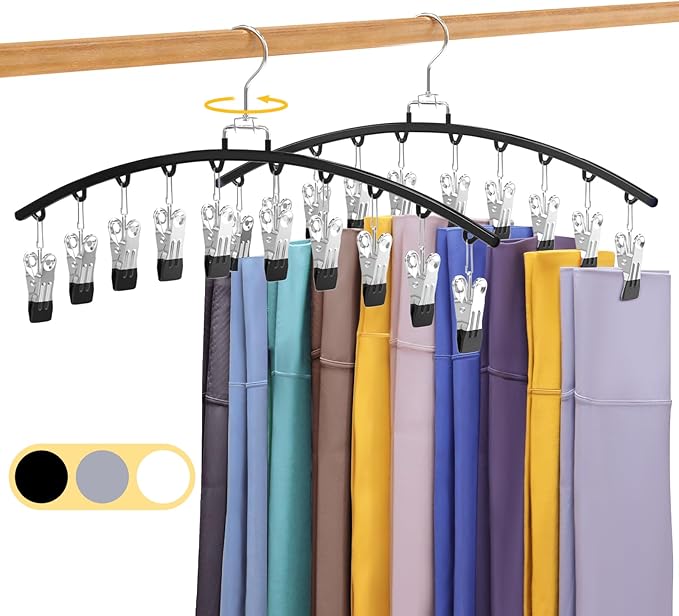 2 Pack Legging Organizer for Closet 360° Swivel, Metal Gym Clothes Organizer w/20 Clips Holds 20 Leggings, Hangers Space Saving, Closet Organizers and Storage, Dorm Room Organization Essentials, Black-NeatNest