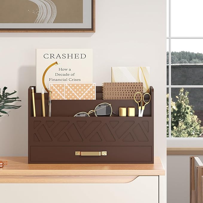Bamboo Mail Organizer Countertop Wood Desk Organizer Drawer Tabletop Storage Box Letter Sorter Makeup Organizer for School Home Office Supplies Brown-NeatNest