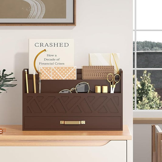 Bamboo Mail Organizer Countertop Wood Desk Organizer Drawer Tabletop Storage Box Letter Sorter Makeup Organizer for School Home Office Supplies Brown-NeatNest