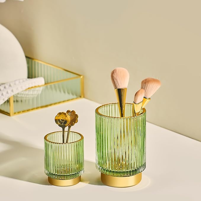 Makeup Brush Organizer, Toothbrush Holder, Desk Pen Pencil Holder, Multifunctional Vintage Glass Brush Cup (S/Green/A3-11-US)-NeatNest
