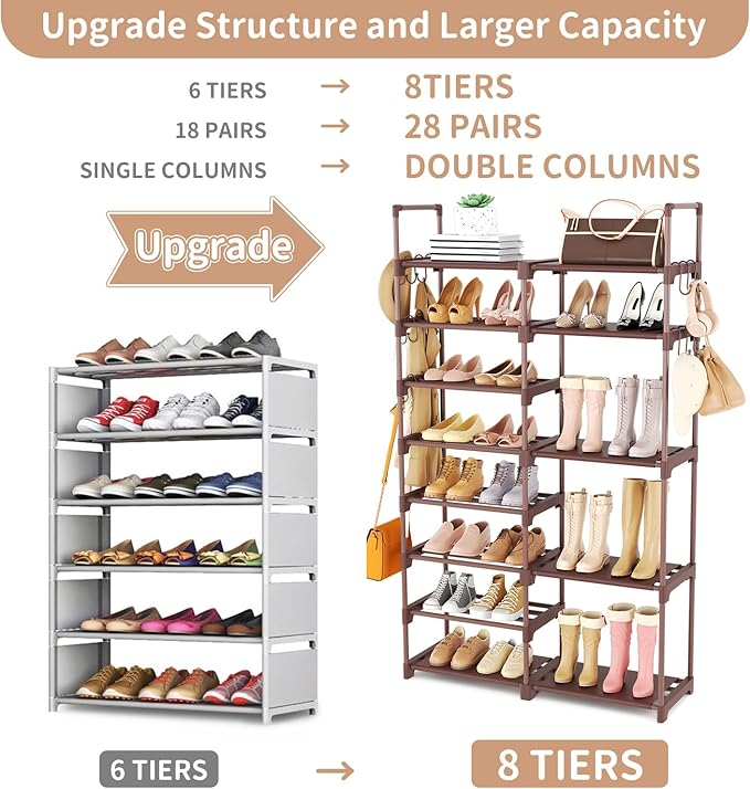 ROJASOP Shoe Rack Organizer, 8-Tier Metal Shoe Rack for Closet Entryway Garage, 26-32 Pairs Tall Shoe Boot Storage Shelf with 15 Hooks, Stackable Large Shoe Stand, Brown-NeatNest