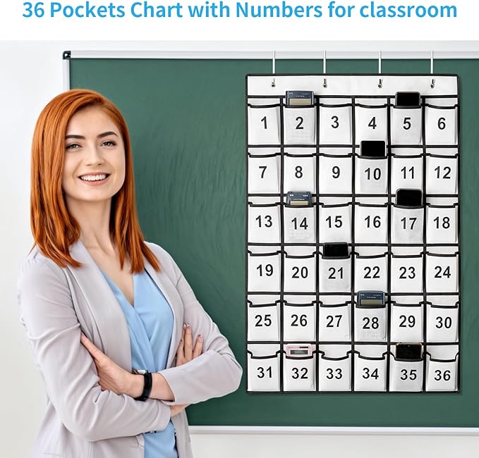 36 Pockets Numbered Classroom Pocket Chart for Cell Phones, Hanging Pocket Chart Storage for Classroom Phone Calculator Holder with 4 Stainless Steel Hooks (White-36pockets)-NeatNest