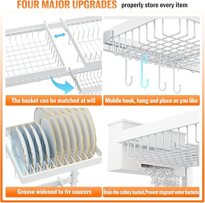 YKLSLH Over Sink Dish Drying Rack, Expandable Large Drying Rack, Suitable for Most Sinks (24.8"-35.4"), Adjustable Metal Rack, Space Saving, White