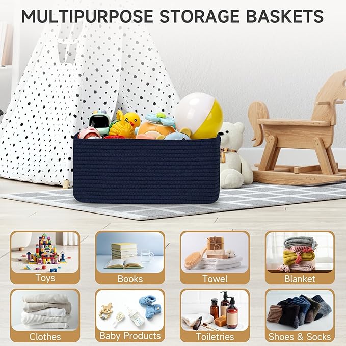 3-Pack Storage Baskets for Organizing | Woven Shelf Toy Basket | Rope Baskets for Gifts Empty | Closet Organizer Bins with Handles | Cube Decorative Box | 13.7×7.1×6.7” | Navy Blue-NeatNest