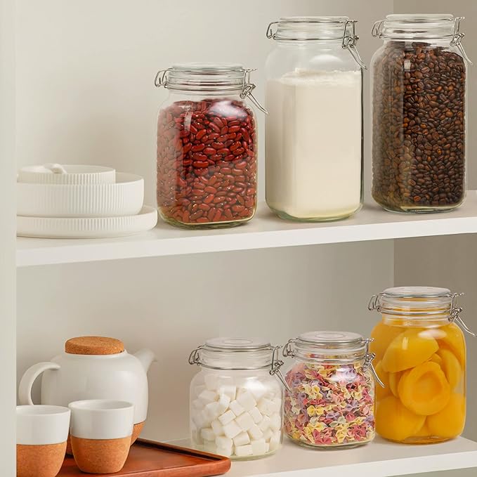 ComSaf Airtight Glass Canister Set of 3 with Lids 34oz Food Storage Jar Square - Storage Container with Clear Preserving Seal Wire Clip Fastening for Kitchen Canning Cereal,Pasta,Sugar,Beans,Spice-NeatNest