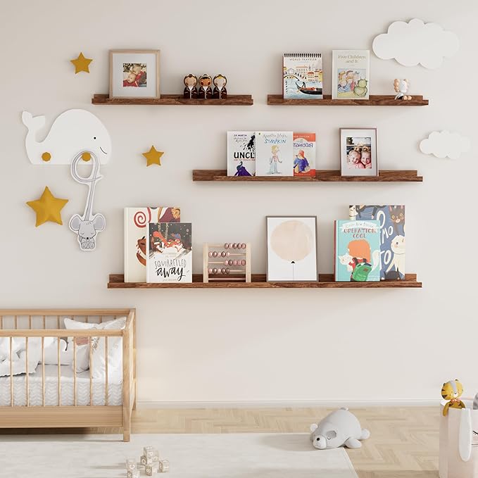 Fun Memories Picture Ledge Shelf, 48 Inch Floating Shelves Set of 2, Large Nursery Book Shelves for Toys Storage, Kids Bookshelf Wall Mounted for Wall Decor Books Photo Frames, Walnut-NeatNest