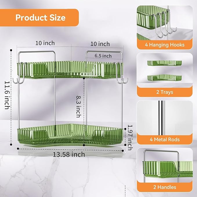 Makeup Organizer for Vanity 2 Tier Bathroom Organizers and Storage Countertop with Hooks Skin Care Exquisite Vanity Organizers Corner Bathroom Counter Storage-Green-NeatNest