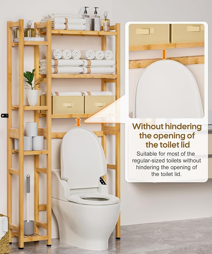 Homde Over The Toilet Storage with Basket and Drawer, Bamboo Bathroom Organizer with Adjustable Shelf & Waterproof Feet Pad, Space Saver Rack for Restroom, Laundry,Natural-NeatNest