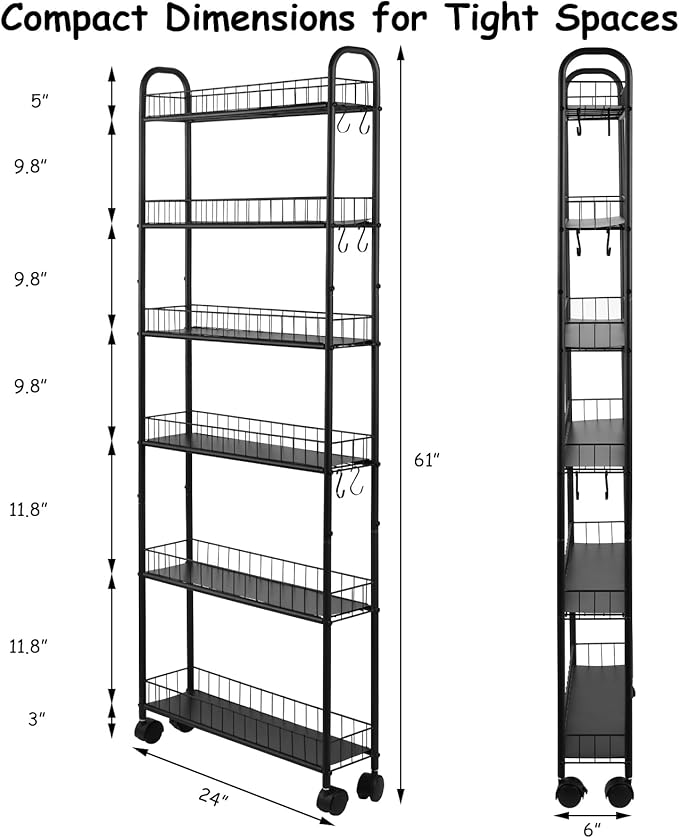 6 Tier Slim Storage Cart with Wheels Metal Rolling Organizer Utility Cart Narrow Mobile Shelving Unit Tiered Storage Shelf on Wheels for Kitchen Bathroom (Black, 6")
