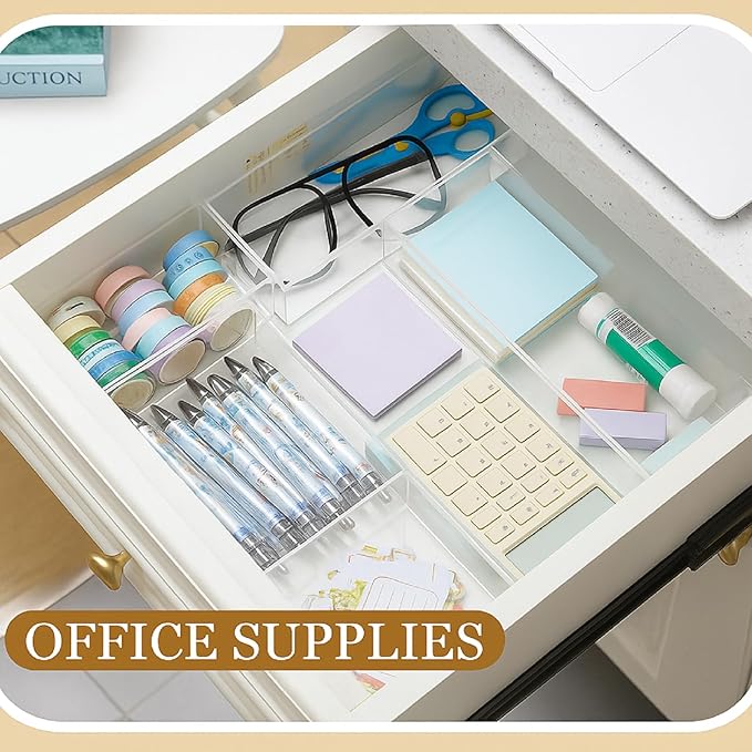 5 Pack Acrylic Desk Drawer Organizer, Makeup Drawer Organizer Trays, Storage Bins for Makeup, Jewelry, Gadgets for Kitchen, Bedroom, Bathroom, Office