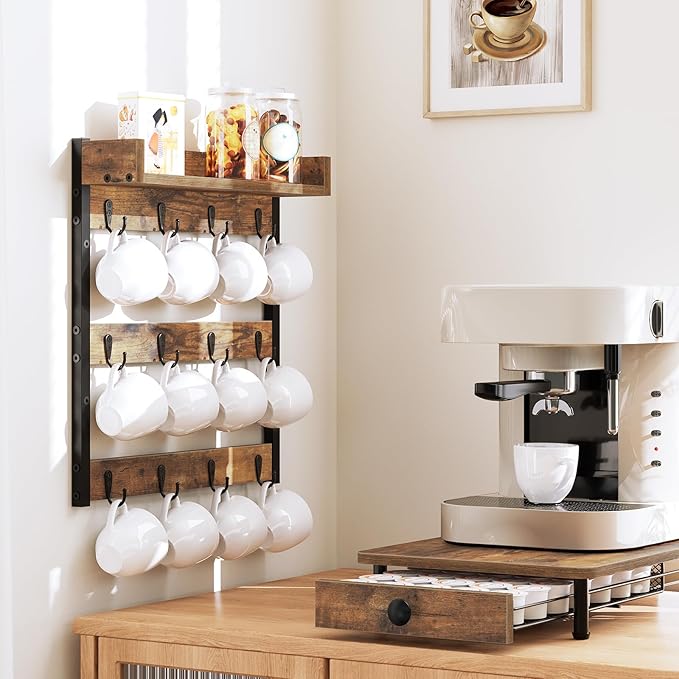 Coffee Mug Holder Stand, 3 Tier Mug Tree Rack, Hanging 12 Cups, with Top Shelf, for Kitchen, Dining Room, Living Room, Cafe, Rustic Brown MH42BR-NeatNest