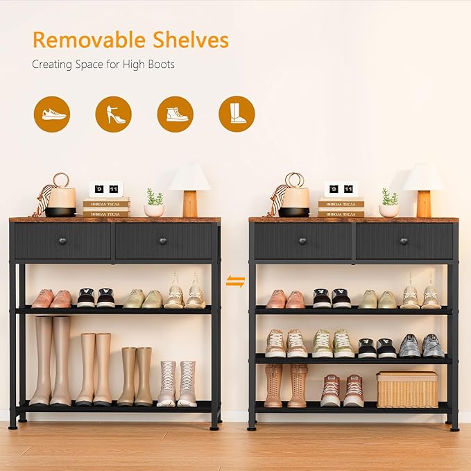 Usikey 4 Tier Shoe Rack With 2 Drawers, Metal Shelf for 9-12 Pairs, 3 Fabric Shelves and Wooden Top, Storage Organizer Stand for Closet Entryway, Black-NeatNest