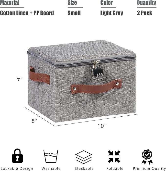 2PCS Storage Bins Boxes with Zipper Lid Combination Lock PU Leather Handle Cotton Linen Fabric Lidded Lockable Basket Foldable Washable Closet Shelf Organizer Container (Light Gray, Small)