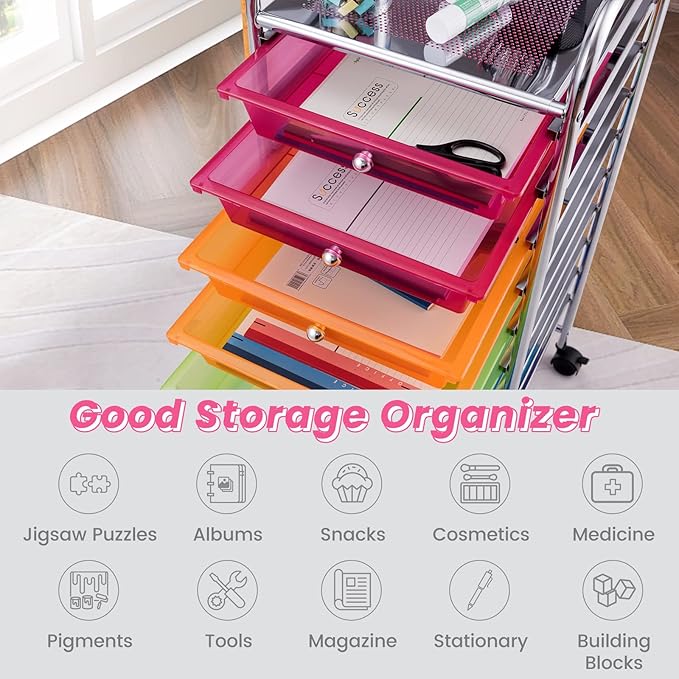 COSTWAY 10-Drawer Rolling Storage Cart, Utility Mobile Trolley with Removable Drawers & Universal Casters & 2 Brakes, Versatile Flexible Drawer Organizer Cart for Home, Office (Rainbow)-NeatNest
