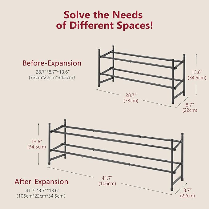 Tajsoon Expandable Shoe Rack for Closet 2 Tier, 28“-41“ Adjustable & Stackable Shoe Shelf Storage, Metal Shoe Rack Organizer for Front Door Entrance, Closet, Garage, Entryway, Black-NeatNest