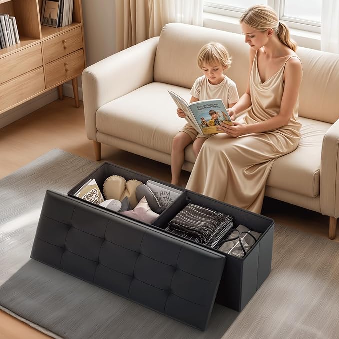 Ottoman Folding Storage Bench, 43x15x15 Inch, Foot Rest Stool for Living Room, Bedroom, Entryway, End of Bed - Multi-Functional Ottoman with Storage Black