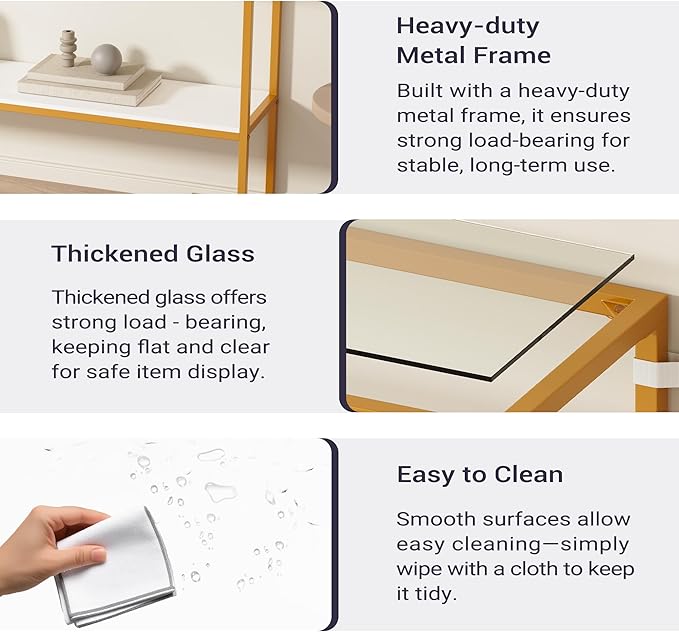 Console Sofa Table, 52" Modern Entryway Table, 2-Tier Open Shelf with Tempered Glass, Metal Frame Behind Couch Table with Gold Metal Frame for Living Room Hallway Entrance, White-NeatNest