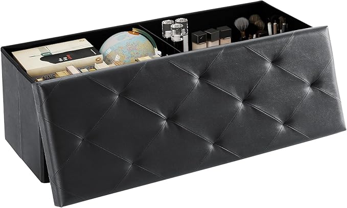 DUMOS 43 Inches Foldable Storage Ottoman Bench, Foot Rest Stool, Synthetic Leather Storage Chest with Thicker Foam Padded Seat for Entryway Living Room, Modern Black