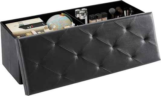 DUMOS 43 Inches Foldable Storage Ottoman Bench, Foot Rest Stool, Synthetic Leather Storage Chest with Thicker Foam Padded Seat for Entryway Living Room, Modern Black