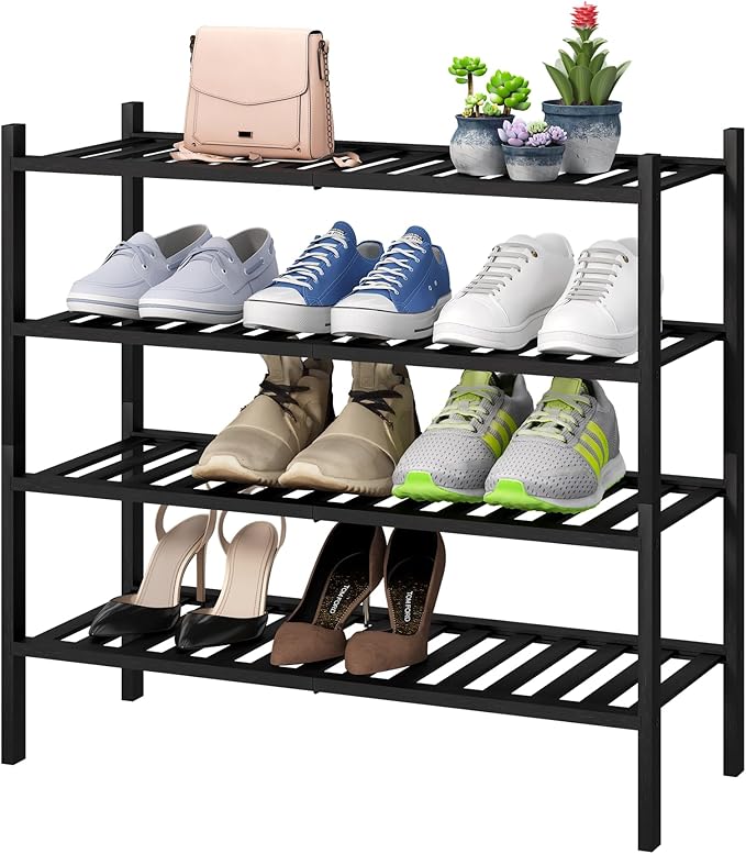 4-Tier Black Bamboo Shoe Rack for Entryway, Stackable | Foldable | Natural, Shoe Organizer for Hallway Closet, Free Standing Shoe Racks for Indoor Outdoor-NeatNest
