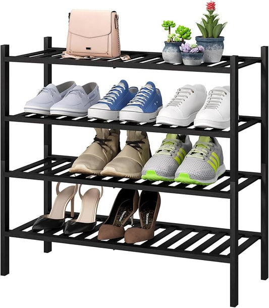 4-Tier Black Bamboo Shoe Rack for Entryway, Stackable | Foldable | Natural, Shoe Organizer for Hallway Closet, Free Standing Shoe Racks for Indoor Outdoor-NeatNest