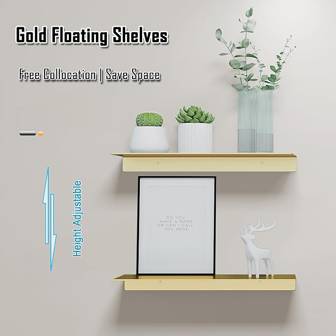 Metal Floating Shelves, Set of 2, Brushed Gold Wall Shelves Picture Ledge, Shower Caddy Wall Mounted, Decorative Display Shelf for Bedroom, Living Room, Bathroom, Office-NeatNest