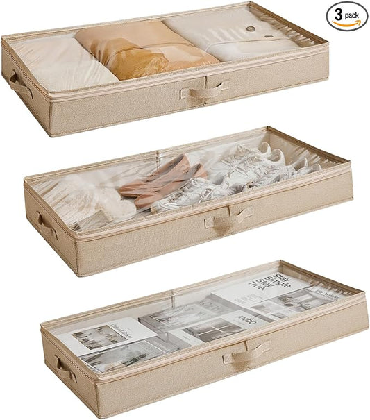 3 Pack Under Bed Storage Containers, Low Profile Underbed Shoes and Clothes Storage Organizer with Sturdy Sidewalls/Bottom, Large Dorm Storage Bins,33 * 17 * 4.5 inches,45L-NeatNest
