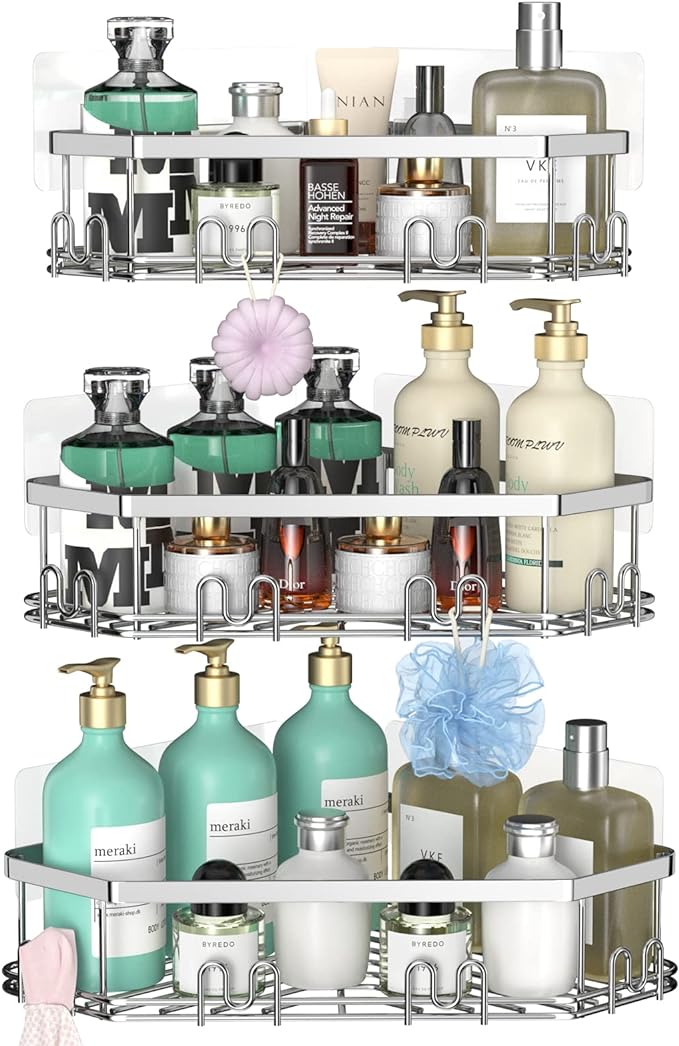 STEUGO Corner Shower Caddy, 3 Pack Adhesive Shower Corner Organizer Shelves, No Drilling Stainless Steel Shower Storage Rack with 12 Hooks for Bathroom, Dorm and Kitchen(Silver).