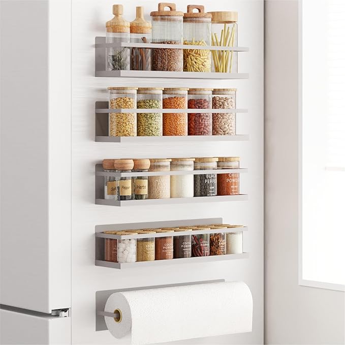 Magnetic Spice Rack For Refrigerator Fridge Shelf Kitchen Spice Organizer Grey 4 Pack With Magnetic Paper Towel Holder